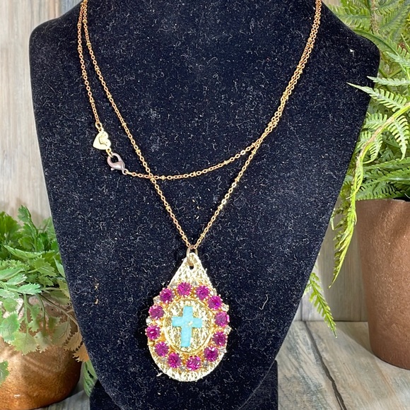⭐️👑Adorned Crown Artisan assemblage leather rhinestone turquoise chain necklace - Picture 1 of 7